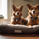 A cozy, photorealistic dog bed sits beside stainless steel food and water bowls. A leather collar and leash hang nearby, with a reflective dog safety vest and various dog toys scattered around, all rendered in hyperrealistic detail, no text.