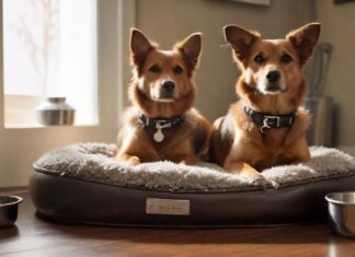 Hunde Zubehör: Die Must-haves A cozy, photorealistic dog bed sits beside stainless steel food and water bowls. A leather collar and leash hang nearby, with a reflective dog safety vest and various dog toys scattered around, all rendered in hyperrealistic detail, no text.