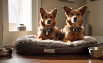 Hunde Zubehör: Die Must-haves A cozy, photorealistic dog bed sits beside stainless steel food and water bowls. A leather collar and leash hang nearby, with a reflective dog safety vest and various dog toys scattered around, all rendered in hyperrealistic detail, no text.