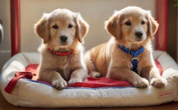 Hunde Zubehör: Die Must-haves A golden retriever puppy sitting next to essential dog supplies: a plush dog bed, a blue harness, a red leash, ceramic food and water bowls, all on a wooden floor, natural sunlight,hyperrealistic,no text