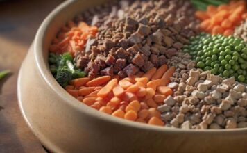 Hundeernährung: Was ist wirklich gesund? A hyperrealistic close-up of a dog bowl filled with a mix of dry kibble, fresh vegetables, and pieces of meat, representing a balanced diet. Soft, natural lighting highlights the textures. No text.
