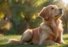 Hundeerziehung: Tipps für Anfänger A golden retriever puppy looks up attentively during an outdoor training session, sitting on a lush green lawn, with soft, natural sunlight highlighting its fur. Gentle, blurred background of trees, no text.