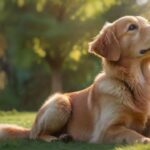 A golden retriever puppy looks up attentively during an outdoor training session, sitting on a lush green lawn, with soft, natural sunlight highlighting its fur. Gentle, blurred background of trees, no text.