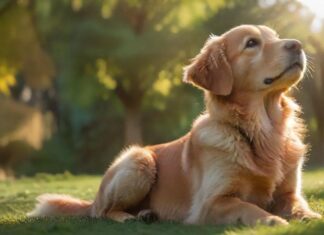 A golden retriever puppy looks up attentively during an outdoor training session, sitting on a lush green lawn, with soft, natural sunlight highlighting its fur. Gentle, blurred background of trees, no text.