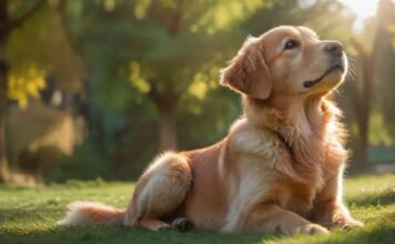Hundeerziehung: Tipps für Anfänger A golden retriever puppy looks up attentively during an outdoor training session, sitting on a lush green lawn, with soft, natural sunlight highlighting its fur. Gentle, blurred background of trees, no text.