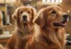 A close-up, hyperrealistic shot of a happy, well-groomed golden retriever with a shiny, perfectly brushed coat. Soft, warm lighting highlights the texture of the fur. Background is a blurred grooming salon, tools out of focus. No text.