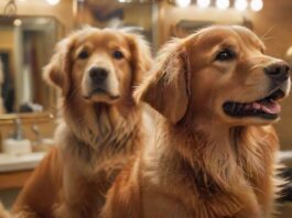 A close-up, hyperrealistic shot of a happy, well-groomed golden retriever with a shiny, perfectly brushed coat. Soft, warm lighting highlights the texture of the fur. Background is a blurred grooming salon, tools out of focus. No text.