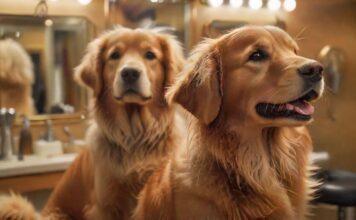 A close-up, hyperrealistic shot of a happy, well-groomed golden retriever with a shiny, perfectly brushed coat. Soft, warm lighting highlights the texture of the fur. Background is a blurred grooming salon, tools out of focus. No text.