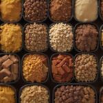 Hundefutter: Welches ist das Beste? A close-up hyperrealistic shot of various types of dog food, including dry kibble and wet food. Vibrant colors, natural lighting, focus on textures. No text or logos. Photorealistic, food photography, depth of field.