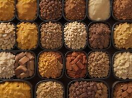A close-up hyperrealistic shot of various types of dog food, including dry kibble and wet food. Vibrant colors, natural lighting, focus on textures. No text or logos. Photorealistic, food photography, depth of field.