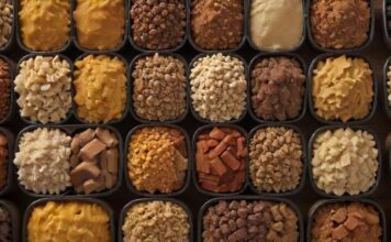 Hundefutter: Welches ist das Beste? A close-up hyperrealistic shot of various types of dog food, including dry kibble and wet food. Vibrant colors, natural lighting, focus on textures. No text or logos. Photorealistic, food photography, depth of field.