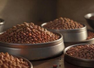 A hyperrealistic close-up of a variety of dog food, including both dry kibble and wet food. The kibble is in various brown shades, perfectly formed. The wet food is in a small metal bowl, showing realistic texture and shine. Soft, natural light enhances the details.