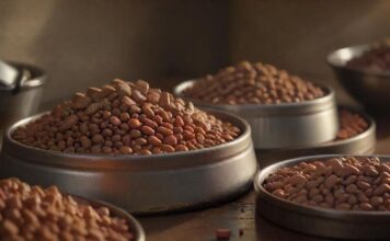 A hyperrealistic close-up of a variety of dog food, including both dry kibble and wet food. The kibble is in various brown shades, perfectly formed. The wet food is in a small metal bowl, showing realistic texture and shine. Soft, natural light enhances the details.