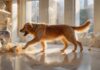 A golden retriever accidentally knocks over a display of expensive vases in a high-end store, shards of porcelain scattered on the polished floor, realistic lighting, depth of field, no text.