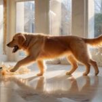 Hundehaftpflicht: Wichtig & notwendig! A golden retriever accidentally knocks over a display of expensive vases in a high-end store, shards of porcelain scattered on the polished floor, realistic lighting, depth of field, no text.