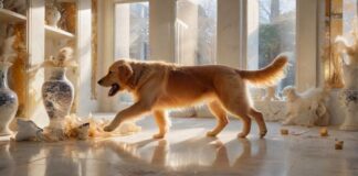 A golden retriever accidentally knocks over a display of expensive vases in a high-end store, shards of porcelain scattered on the polished floor, realistic lighting, depth of field, no text.