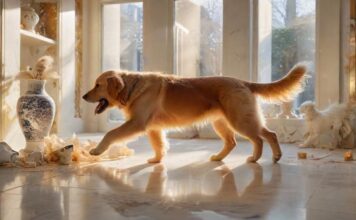 Hundehaftpflicht: Wichtig & notwendig! A golden retriever accidentally knocks over a display of expensive vases in a high-end store, shards of porcelain scattered on the polished floor, realistic lighting, depth of field, no text.
