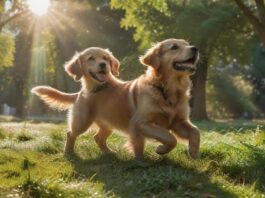 A golden retriever puppy accidentally trips a jogger in a lush, green park, causing him to spill his coffee. Sunlight filters through the trees, casting dynamic shadows. Hyperrealistic, no text.