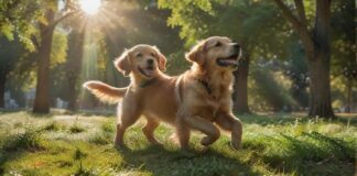 A golden retriever puppy accidentally trips a jogger in a lush, green park, causing him to spill his coffee. Sunlight filters through the trees, casting dynamic shadows. Hyperrealistic, no text.