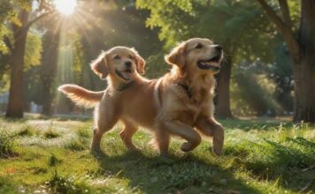 Hundehaftpflicht: Wichtig & notwendig! A golden retriever puppy accidentally trips a jogger in a lush, green park, causing him to spill his coffee. Sunlight filters through the trees, casting dynamic shadows. Hyperrealistic, no text.