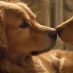 Hundepflege: Tipps für zu Hause & Profis A hyperrealistic close-up of a person gently grooming a golden retriever, soft lighting, showcasing the dog's shiny fur, detailing trimming claws with clippers, cleaning ears with a solution, and brushing teeth, no text