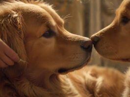 A hyperrealistic close-up of a person gently grooming a golden retriever, soft lighting, showcasing the dog's shiny fur, detailing trimming claws with clippers, cleaning ears with a solution, and brushing teeth, no text