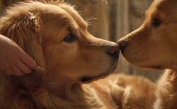A hyperrealistic close-up of a person gently grooming a golden retriever, soft lighting, showcasing the dog's shiny fur, detailing trimming claws with clippers, cleaning ears with a solution, and brushing teeth, no text
