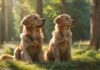 A golden retriever puppy and an adult golden retriever sitting attentively in a lush, green field during a dog training session, sunlight filtering through trees, creating a warm, inviting atmosphere; hyperrealistic, no text.