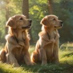 A golden retriever puppy and an adult golden retriever sitting attentively in a lush, green field during a dog training session, sunlight filtering through trees, creating a warm, inviting atmosphere; hyperrealistic, no text.