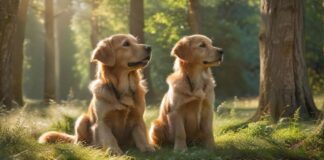 A golden retriever puppy and an adult golden retriever sitting attentively in a lush, green field during a dog training session, sunlight filtering through trees, creating a warm, inviting atmosphere; hyperrealistic, no text.