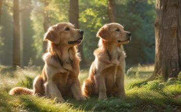 A golden retriever puppy and an adult golden retriever sitting attentively in a lush, green field during a dog training session, sunlight filtering through trees, creating a warm, inviting atmosphere; hyperrealistic, no text.