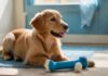 A golden retriever puppy joyfully chews on a bright blue, durable rubber bone in a sunlit living room. Nearby, a rope toy and a plush animal lie scattered, inviting play. Hyperrealistic, warm lighting, soft textures
