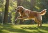 A high-energy golden retriever mid-air, catching a frisbee in a lush green park. Sunlight filters through trees, creating a dynamic, hyperrealistic scene with vibrant colors and detailed textures, showcasing dog sports. No text.