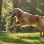 A high-energy golden retriever mid-air, catching a frisbee in a lush green park. Sunlight filters through trees, creating a dynamic, hyperrealistic scene with vibrant colors and detailed textures, showcasing dog sports. No text.