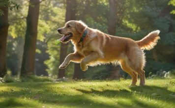 A high-energy golden retriever mid-air, catching a frisbee in a lush green park. Sunlight filters through trees, creating a dynamic, hyperrealistic scene with vibrant colors and detailed textures, showcasing dog sports. No text.