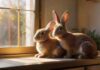 Kaninchen in der Wohnung? So geht’s artgerecht! Two adorable, hyperrealistic rabbits cuddling together inside a spacious, clean modern living room, sunlit with soft natural light. Cozy rabbit hideaway, chew toys, and hay rack visible, no text.