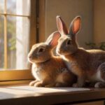Two adorable, hyperrealistic rabbits cuddling together inside a spacious, clean modern living room, sunlit with soft natural light. Cozy rabbit hideaway, chew toys, and hay rack visible, no text.