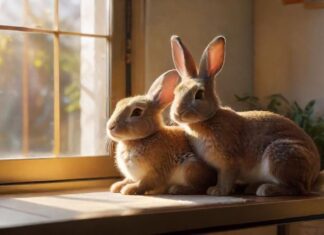 Kaninchen in der Wohnung? So geht’s artgerecht! Two adorable, hyperrealistic rabbits cuddling together inside a spacious, clean modern living room, sunlit with soft natural light. Cozy rabbit hideaway, chew toys, and hay rack visible, no text.