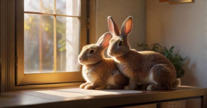 Two adorable, hyperrealistic rabbits cuddling together inside a spacious, clean modern living room, sunlit with soft natural light. Cozy rabbit hideaway, chew toys, and hay rack visible, no text.