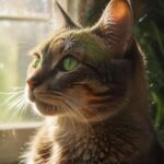 A hyperrealistic close-up of a domestic cat with bright green eyes, sharply focused on its paws as it scratches a tall, sisal-covered scratching post. Sunlight streams through a nearby window, illuminating dust motes and casting long, dramatic shadows. No text or logos.