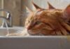 Katzen baden: Ja oder nein? A hyperrealistic, close-up photograph of a long-haired ginger cat being gently bathed in a white ceramic sink. Soft, natural light illuminates the scene, highlighting the water droplets and soap suds on its fur. Calm expression, no text.