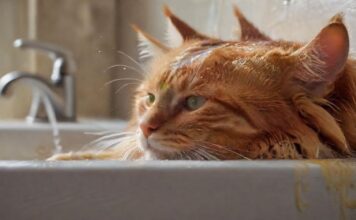 A hyperrealistic, close-up photograph of a long-haired ginger cat being gently bathed in a white ceramic sink. Soft, natural light illuminates the scene, highlighting the water droplets and soap suds on its fur. Calm expression, no text.
