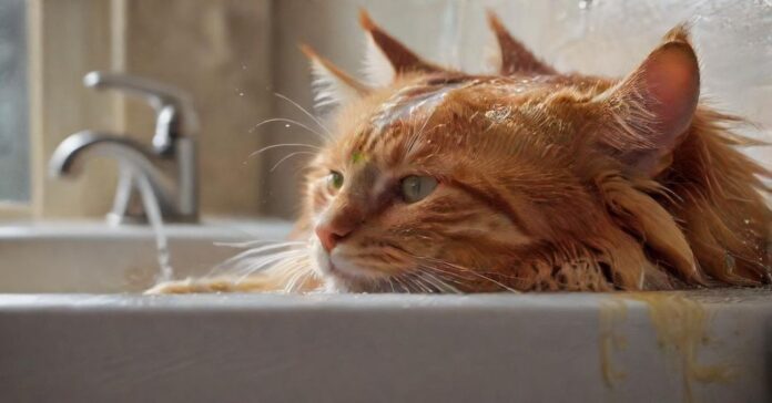 A hyperrealistic, close-up photograph of a long-haired ginger cat being gently bathed in a white ceramic sink. Soft, natural light illuminates the scene, highlighting the water droplets and soap suds on its fur. Calm expression, no text.