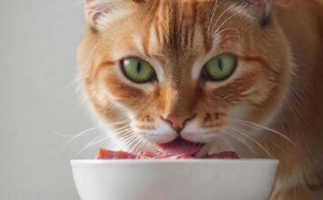 Katzen barfen: Gesund & artgerecht A hyperrealistic close-up of a domestic cat with bright green eyes eating raw meat from a bowl, natural lighting, high detail on fur and whiskers, shallow depth of field, clean background with no text