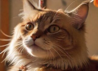 Katzen beschäftigen: So wird’s nie langweilig A hyperrealistic, close-up shot of a domestic cat intensely focused on a feather toy on a string, caught mid-pounce, with soft, natural lighting highlighting its fur and whiskers, background blurred, no text.