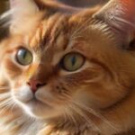 A close-up, hyperrealistic shot of a healthy domestic cat with bright, clear eyes and glossy fur, sitting alertly. Soft, natural lighting highlights the texture of its fur. Background is a blurred, cozy home environment. No text.