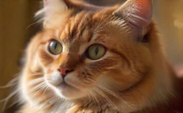 A close-up, hyperrealistic shot of a healthy domestic cat with bright, clear eyes and glossy fur, sitting alertly. Soft, natural lighting highlights the texture of its fur. Background is a blurred, cozy home environment. No text.