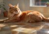 A long-haired ginger cat reclines gracefully on cool ceramic tiles, seeking relief from the summer heat. Sunlight filters through a nearby window, casting soft, warm highlights on its fur. A water bowl is placed near. hyperrealistic, photorealistic