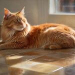 A long-haired ginger cat reclines gracefully on cool ceramic tiles, seeking relief from the summer heat. Sunlight filters through a nearby window, casting soft, warm highlights on its fur. A water bowl is placed near. hyperrealistic, photorealistic