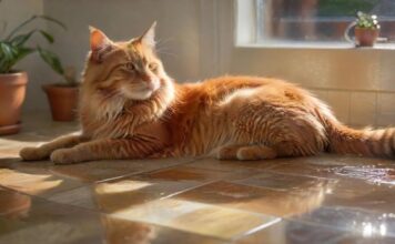 A long-haired ginger cat reclines gracefully on cool ceramic tiles, seeking relief from the summer heat. Sunlight filters through a nearby window, casting soft, warm highlights on its fur. A water bowl is placed near. hyperrealistic, photorealistic